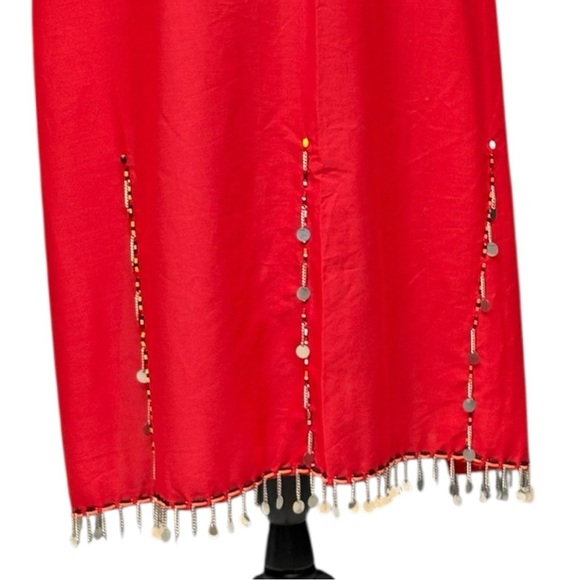 Handmade Red Beaded Coin Trim Wrap Skirt Cape OS Costume Boho Festival Sarong - Picture 7 of 12